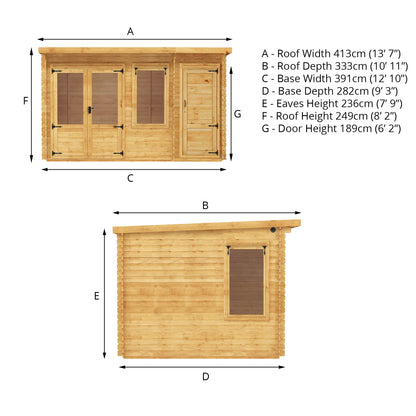 4.1M X 3M Pent Log Cabin With Side Shed - 19Mm