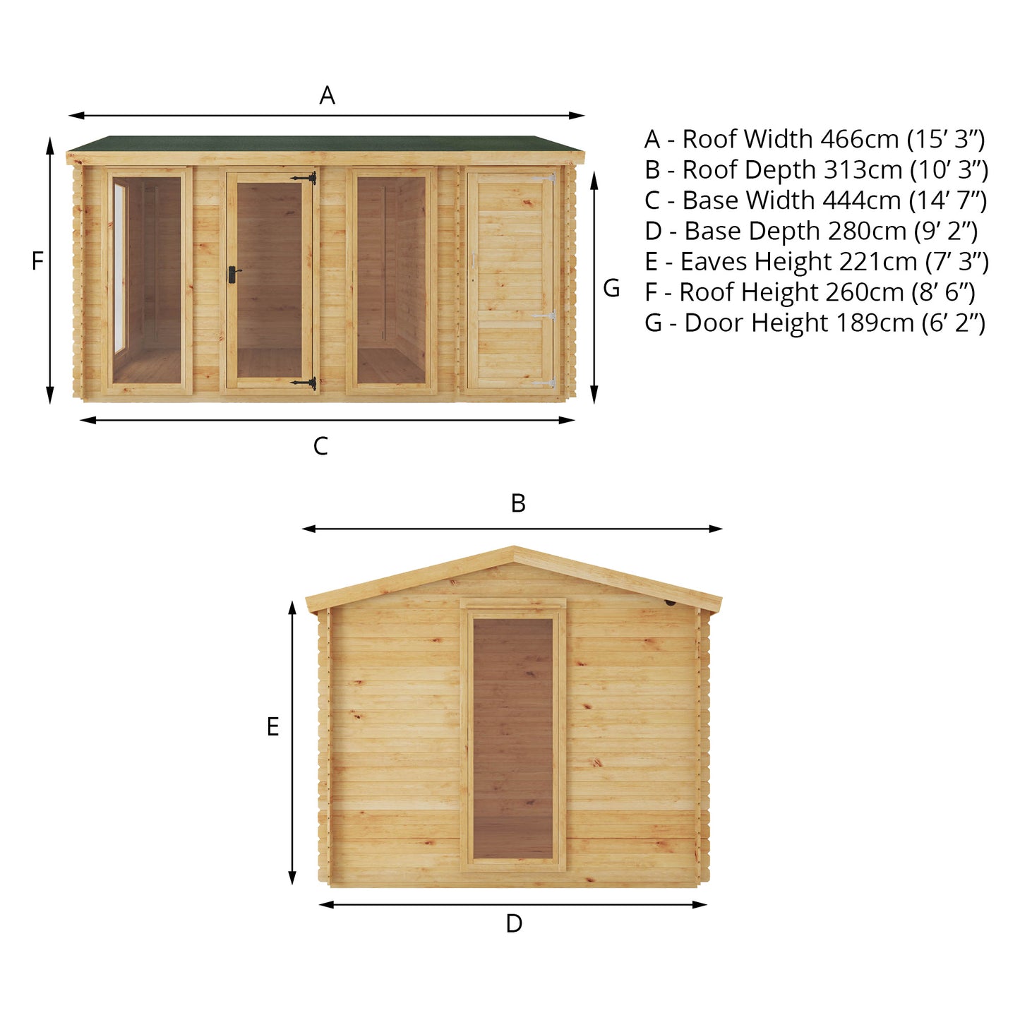 4.6M X 3M Reverse Apex Log Cabin With Side Shed - 19Mm