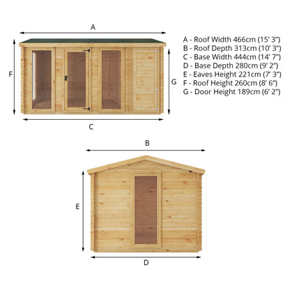 4.6M X 3M Reverse Apex Log Cabin With Side Shed - 19Mm