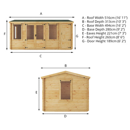 5.1M X 3M Reverse Apex Log Cabin With Side Shed - 19Mm