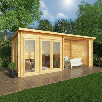 6M X 3M Studio Pent Log Cabin With Patio Area - 28Mm