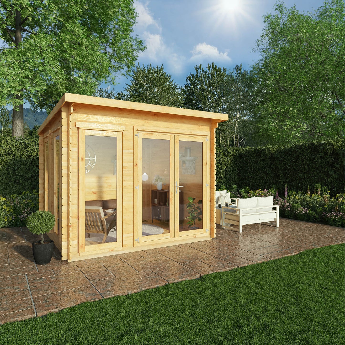 3M X 3M Studio Pent Log Cabin - 28Mm