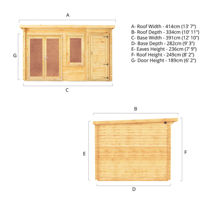 4.1M X 3M Elite Pent Log Cabin With Side Shed - 28Mm