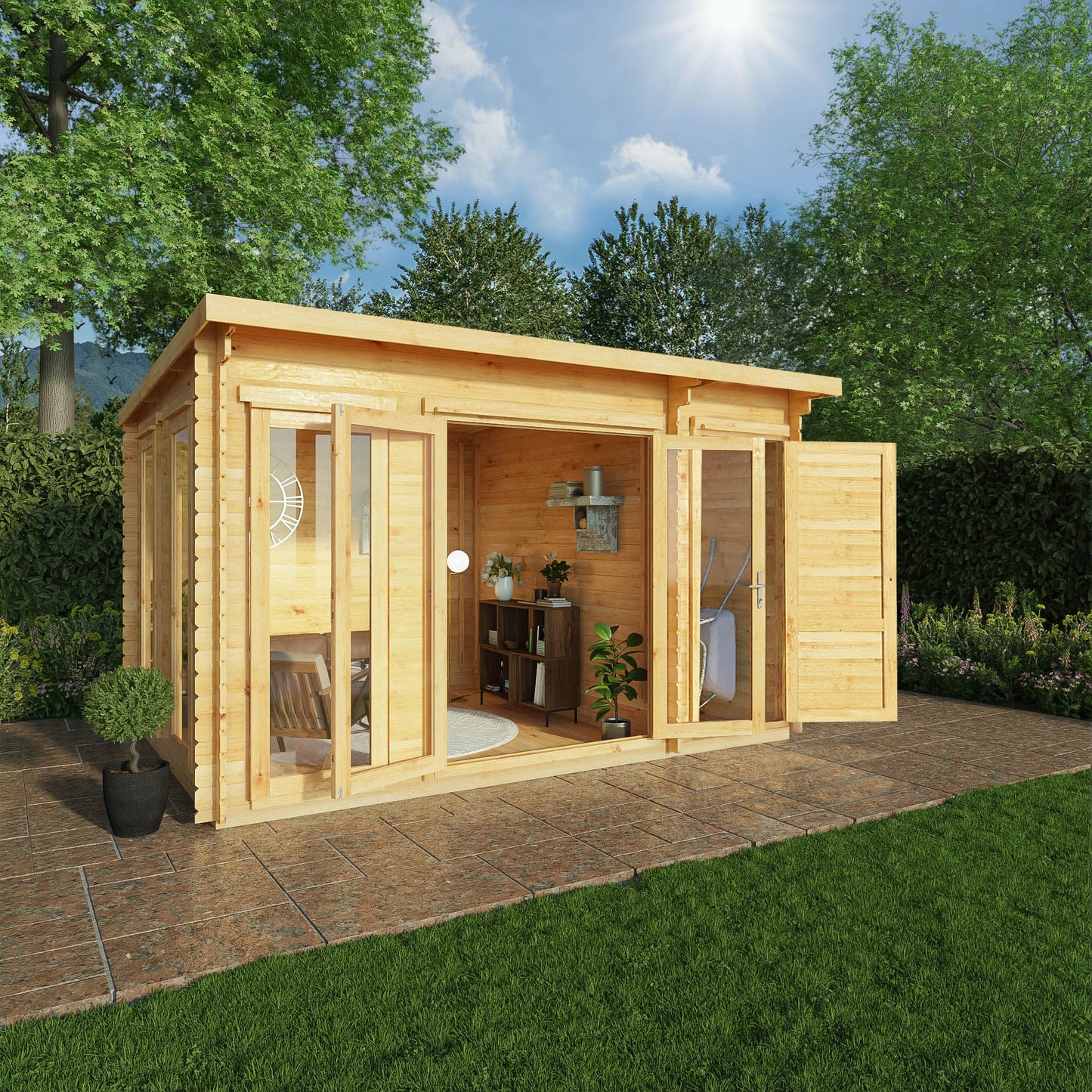 4.1M X 3M Studio Pent Log Cabin With Side Shed - 28Mm