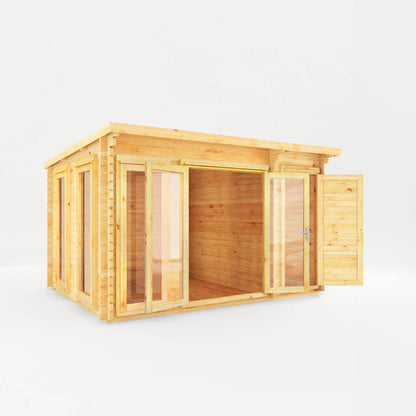 4.1M X 3M Studio Pent Log Cabin With Side Shed - 28Mm