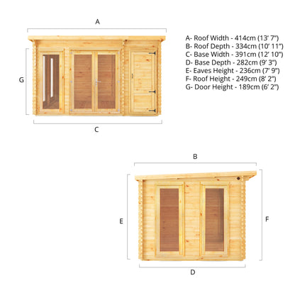 4.1M X 3M Studio Pent Log Cabin With Side Shed - 28Mm