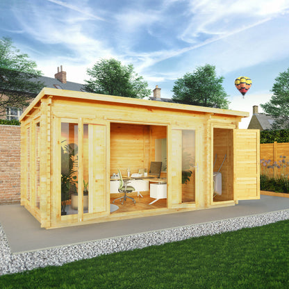 5.1M X 3M Studio Pent Log Cabin With Side Shed - 28Mm