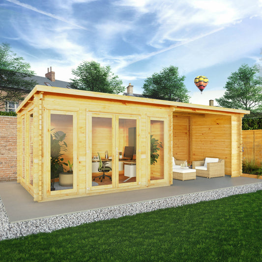 7M X 3M Studio Pent Log Cabin With Patio Area - 34Mm