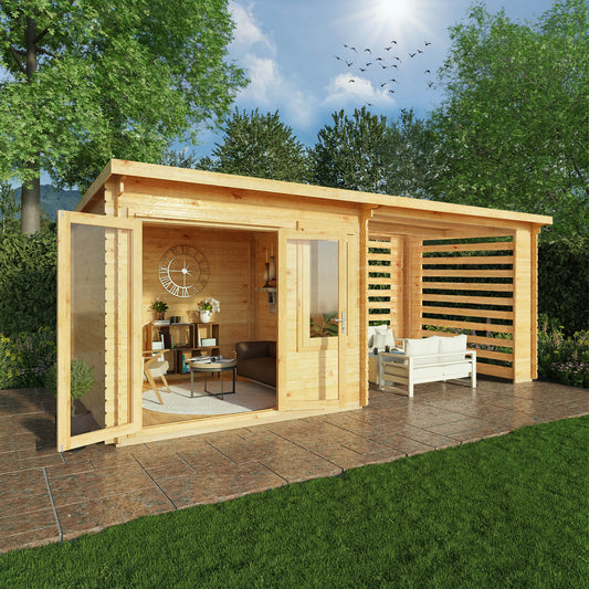 6M X 3M Elite Pent Log Cabin With Slatted Area - 28Mm