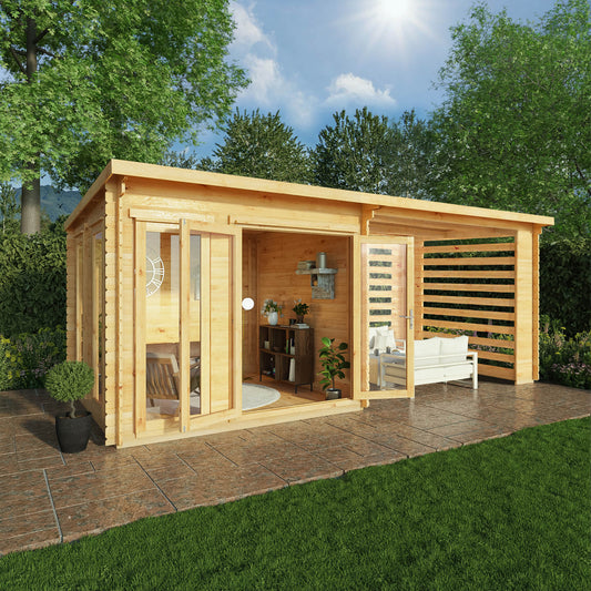 6M X 3M Studio Pent Log Cabin With Slatted Area - 28Mm