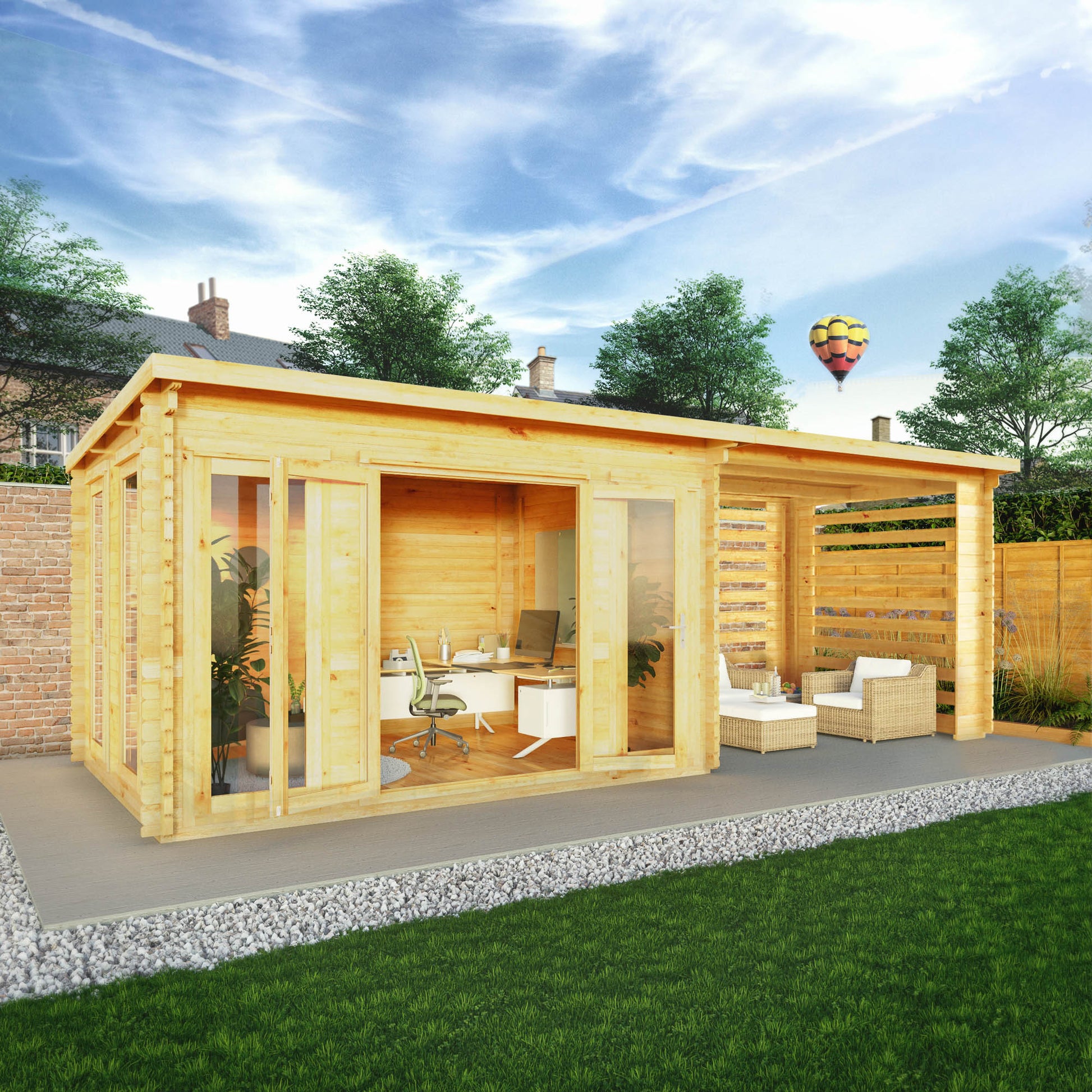 7M X 3M Studio Pent Log Cabin With Slatted Area - 28Mm