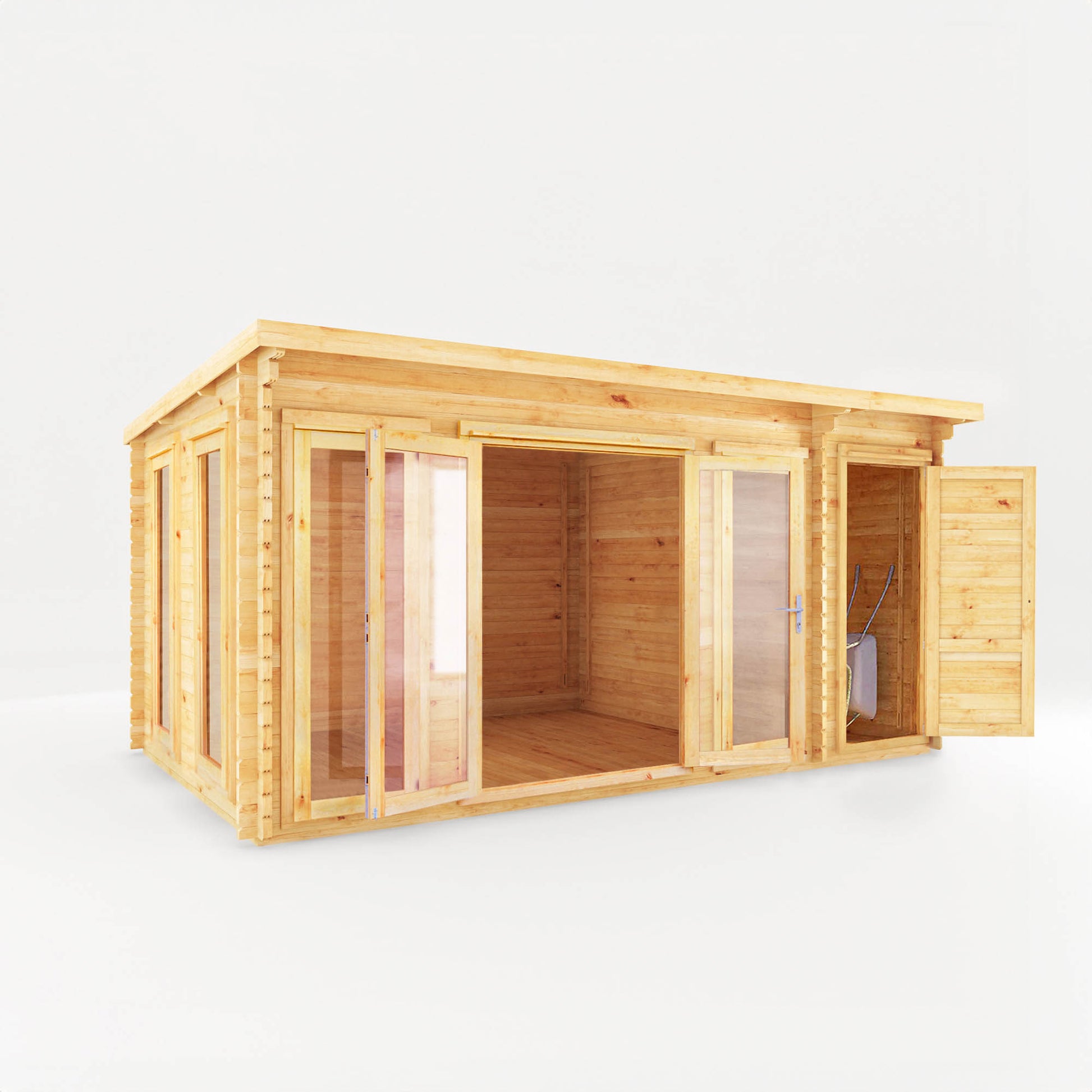 5.1M X 3M Studio Pent Log Cabin With Side Shed - 34Mm