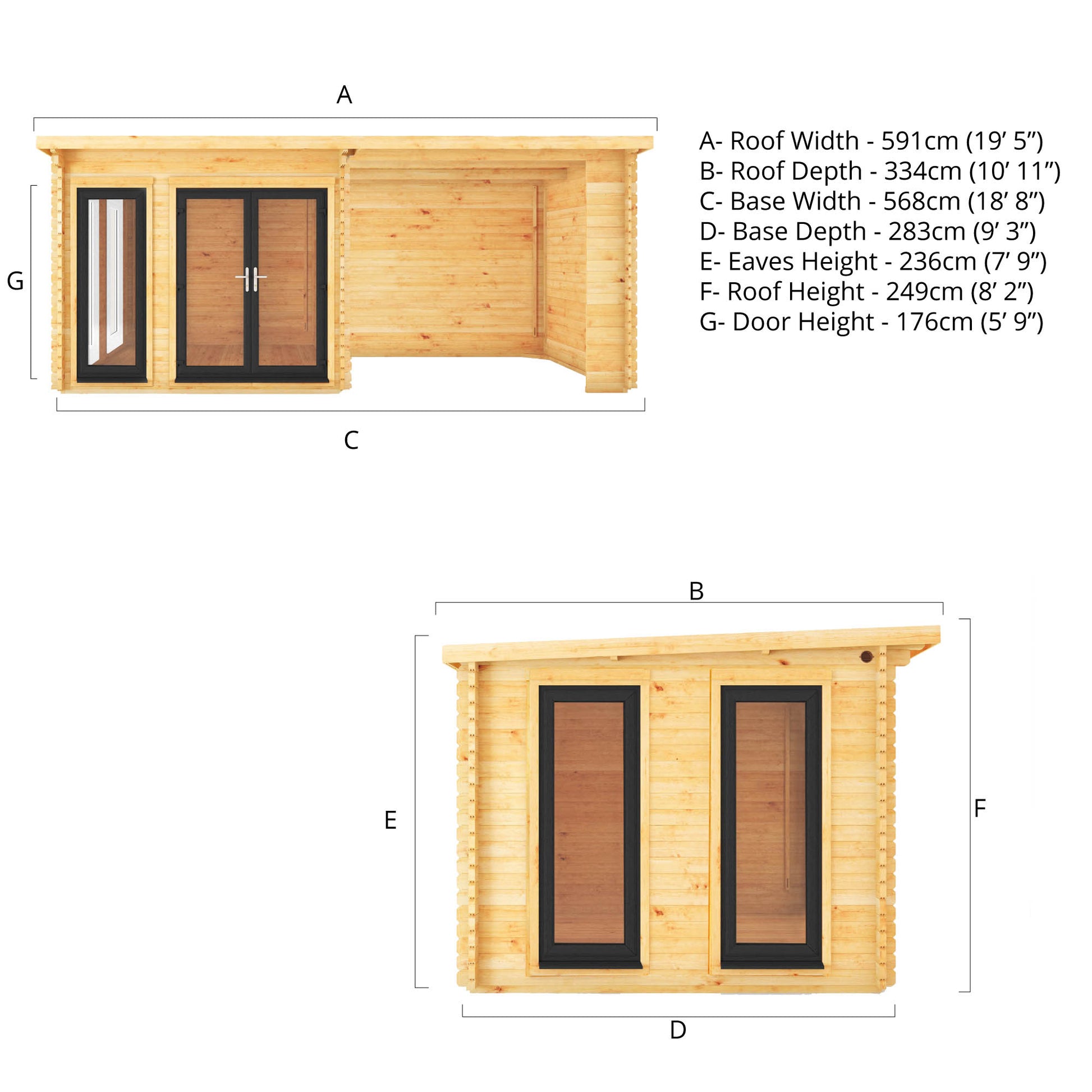 6M X 3M Studio Pent Log Cabin With Patio Area - 44Mm (Upvc Windows & Door) - Grey