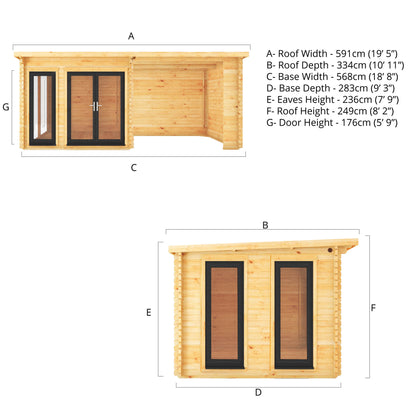 6M X 3M Studio Pent Log Cabin With Patio Area - 44Mm (Upvc Windows & Door) - Grey