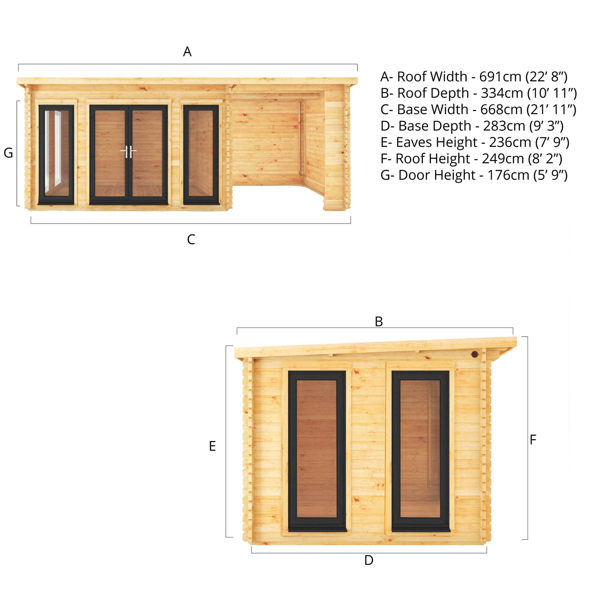 7M X 3M Studio Pent Log Cabin With Patio Area - 44Mm (Upvc Windows & Door) - Grey