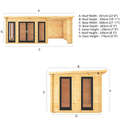 7M X 3M Studio Pent Log Cabin With Patio Area - 44Mm (Upvc Windows & Door) - Grey