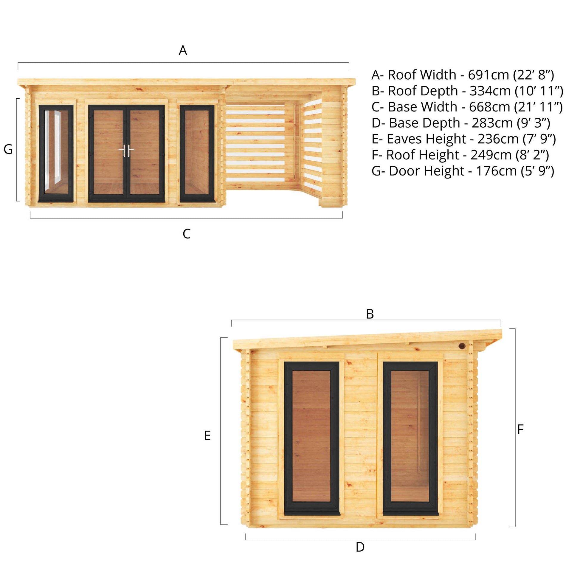 7M X 3M Studio Pent Log Cabin With Slatted Area - 44Mm (Upvc Windows & Door) - Grey