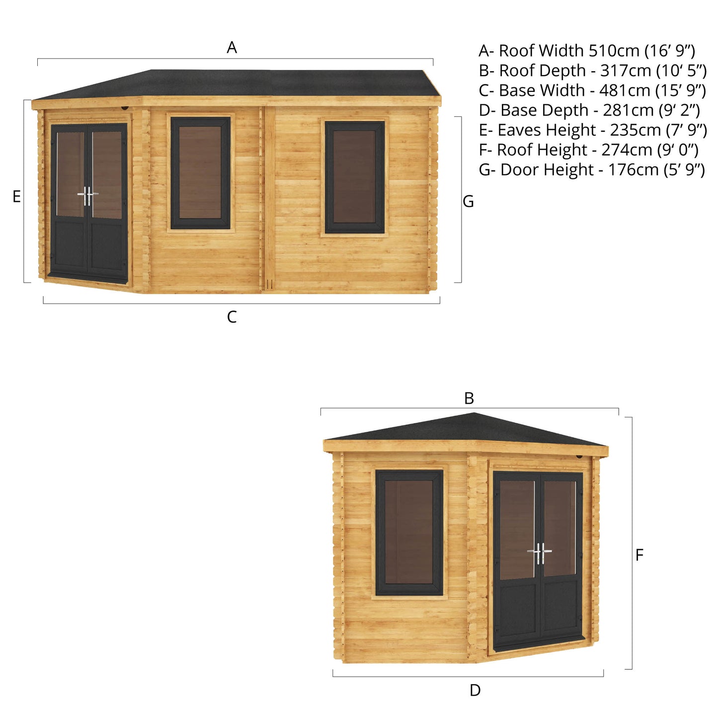 5M X 3M Corner Lodge Log Cabin - 44Mm (Upvc Windows & Door) - Grey