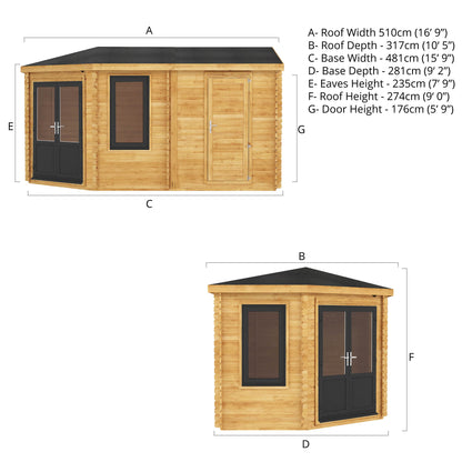 5M X 3M Corner Lodge Log Cabin With Side Shed - 44Mm (Upvc Windows & Door) - Grey