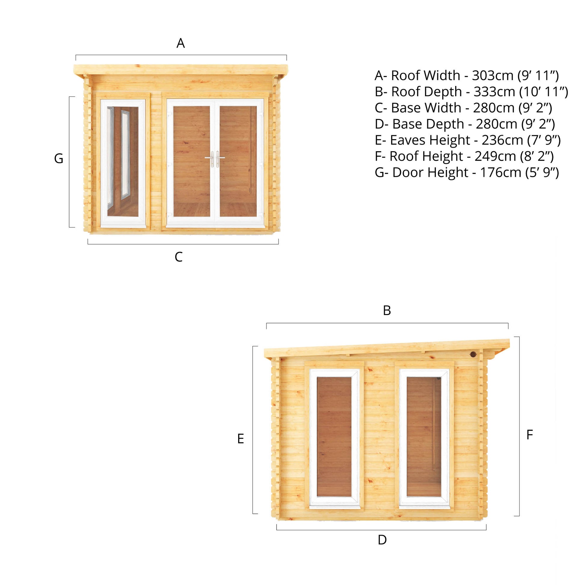 3M X 3M Studio Pent Log Cabin - 44Mm - (Upvc Windows & Doors) - White