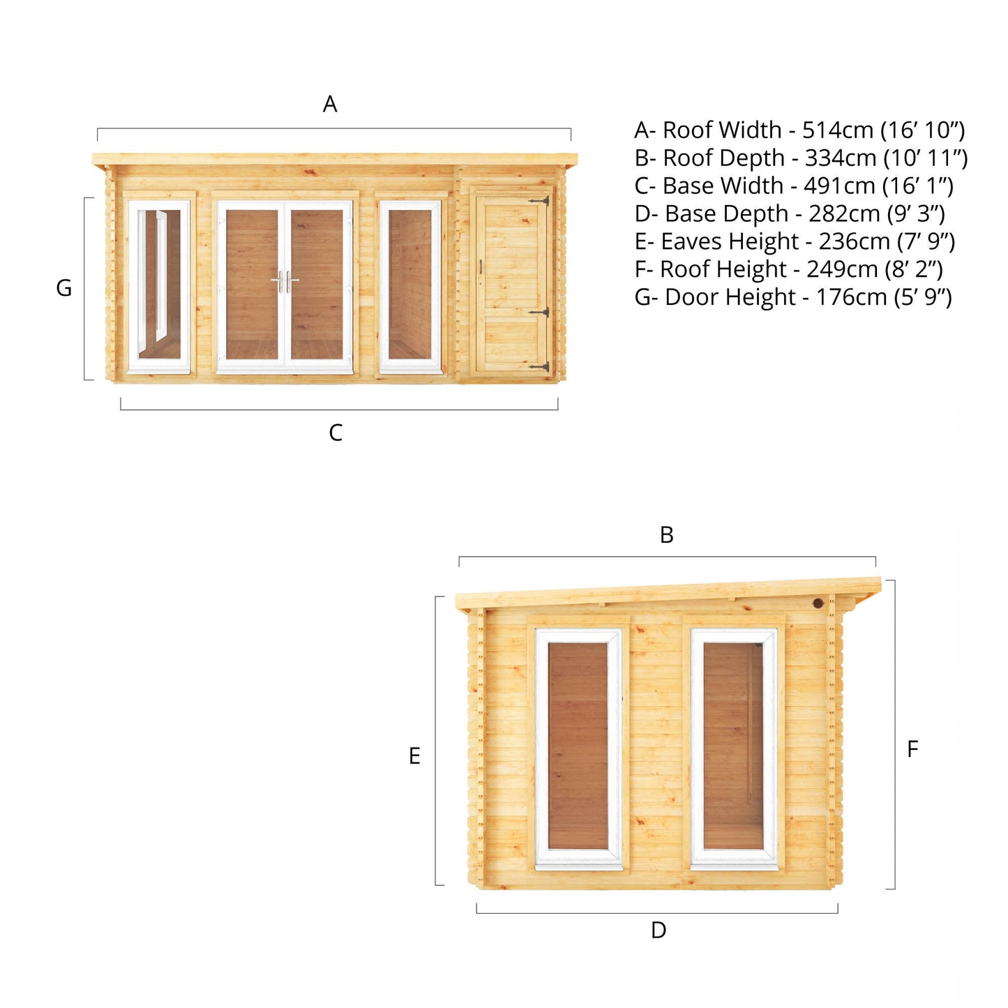 5.1M X 3M Studio Pent Log Cabin With Side Shed - 44Mm  (Upvc Windows & Door) - White