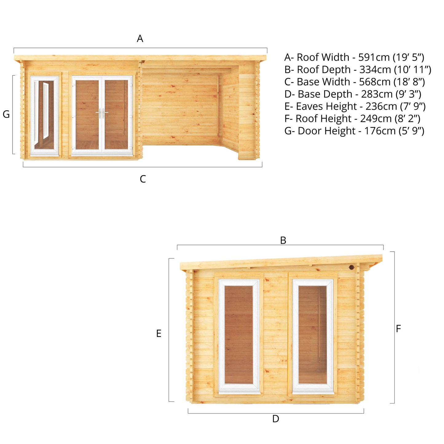 6M X 3M Studio Pent Log Cabin With Patio Area - 44Mm (Upvc Windows & Door) - White