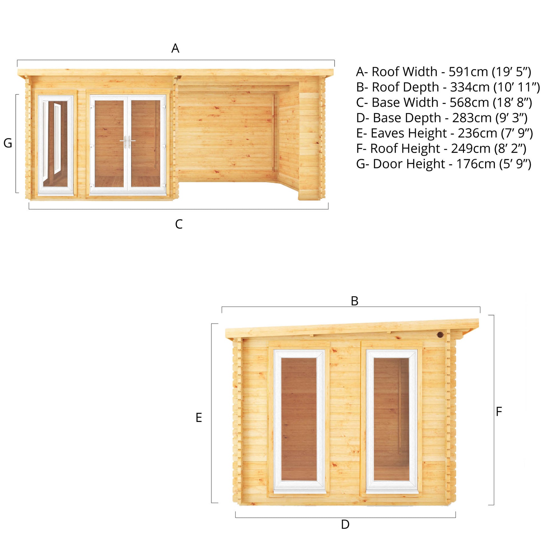 6M X 3M Studio Pent Log Cabin With Patio Area - 44Mm (Upvc Windows & Door) - White