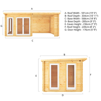 6M X 3M Studio Pent Log Cabin With Patio Area - 44Mm (Upvc Windows & Door) - White