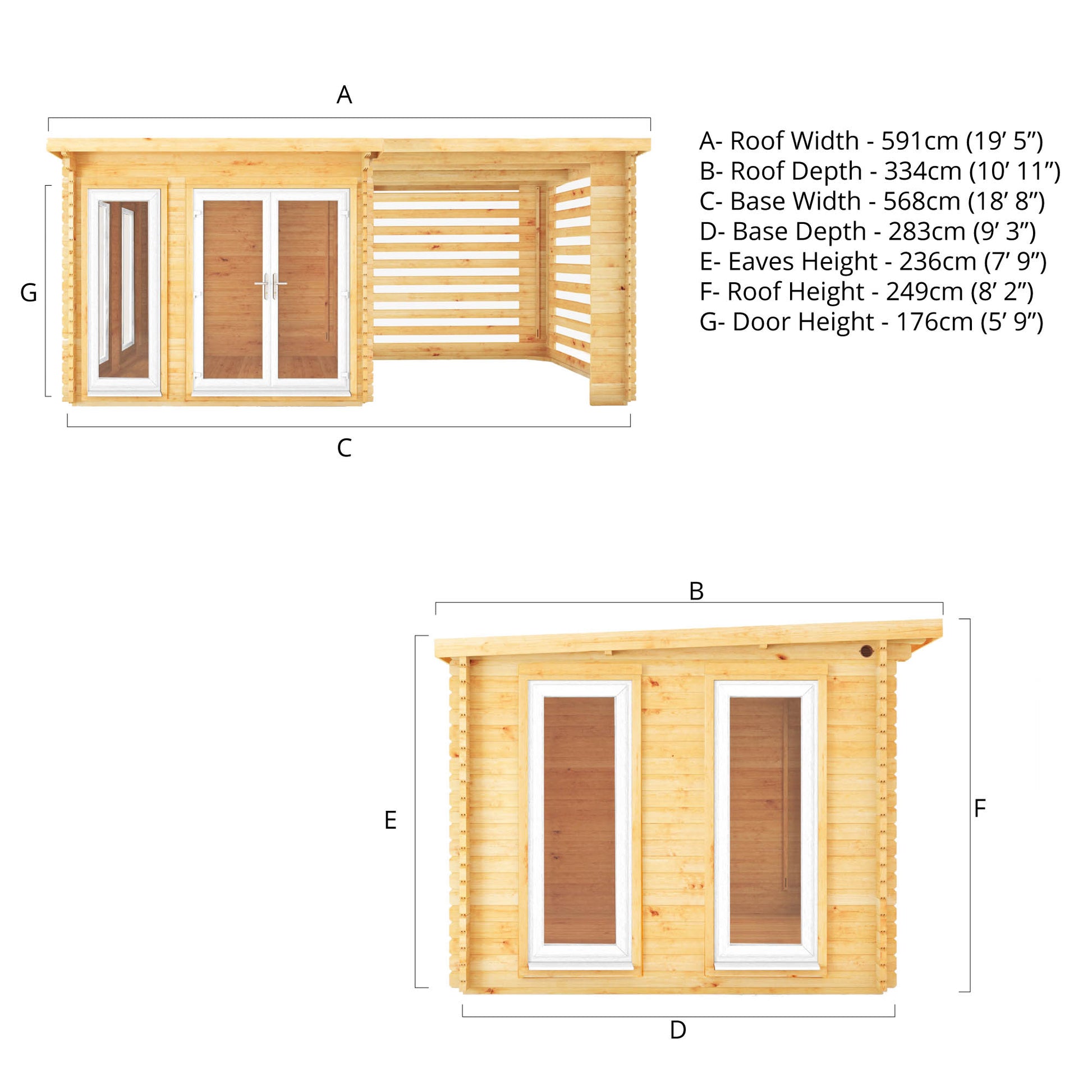 6M X 3M Studio Pent Log Cabin With Slatted Area - 44Mm (Upvc Windows & Door) - White