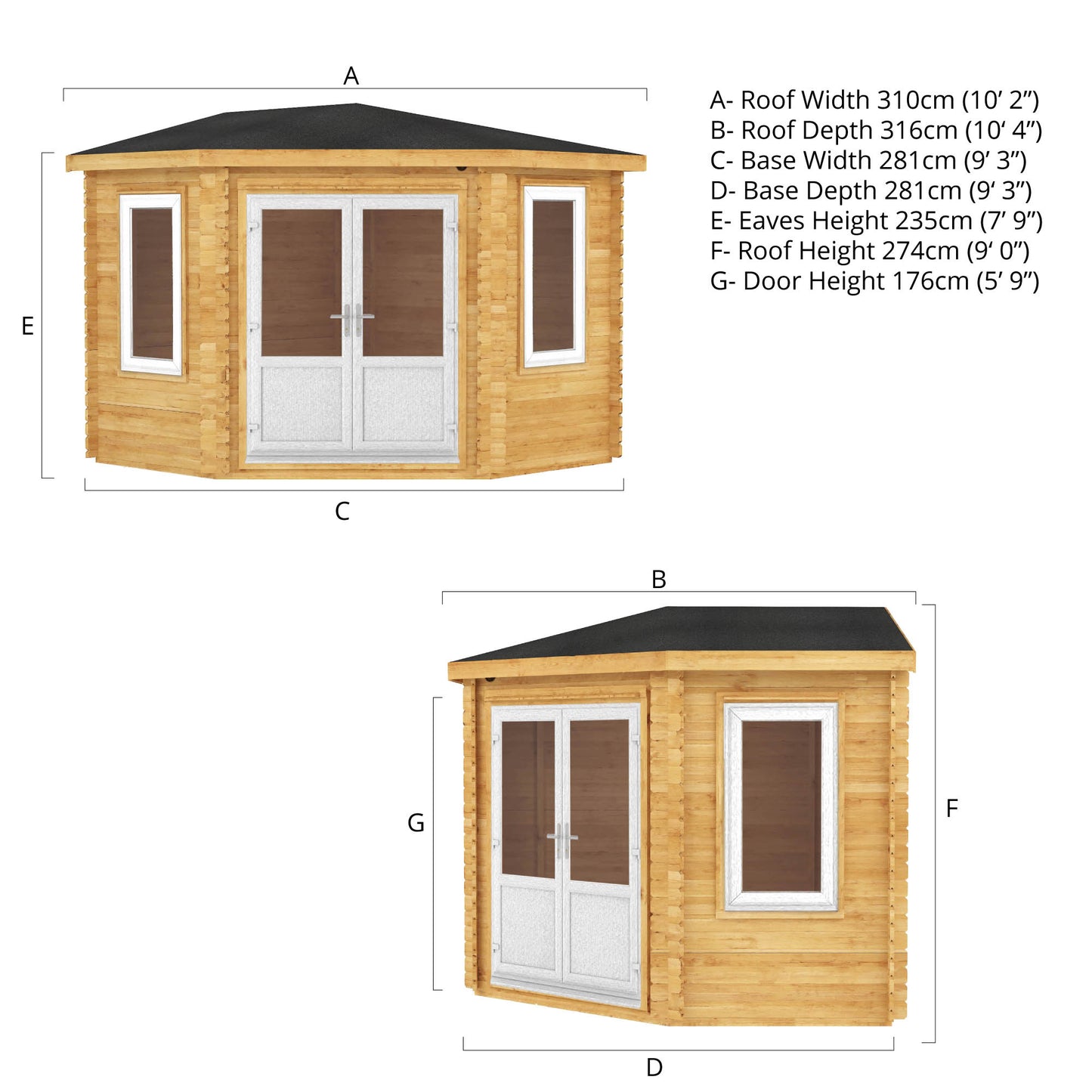 3M X 3M Corner Cabin - 44Mm (Upvc Windows & Door) - White