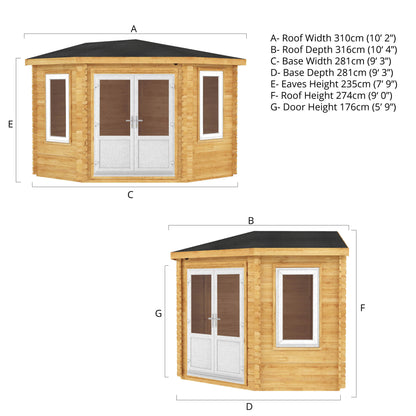 3M X 3M Corner Cabin - 44Mm (Upvc Windows & Door) - White