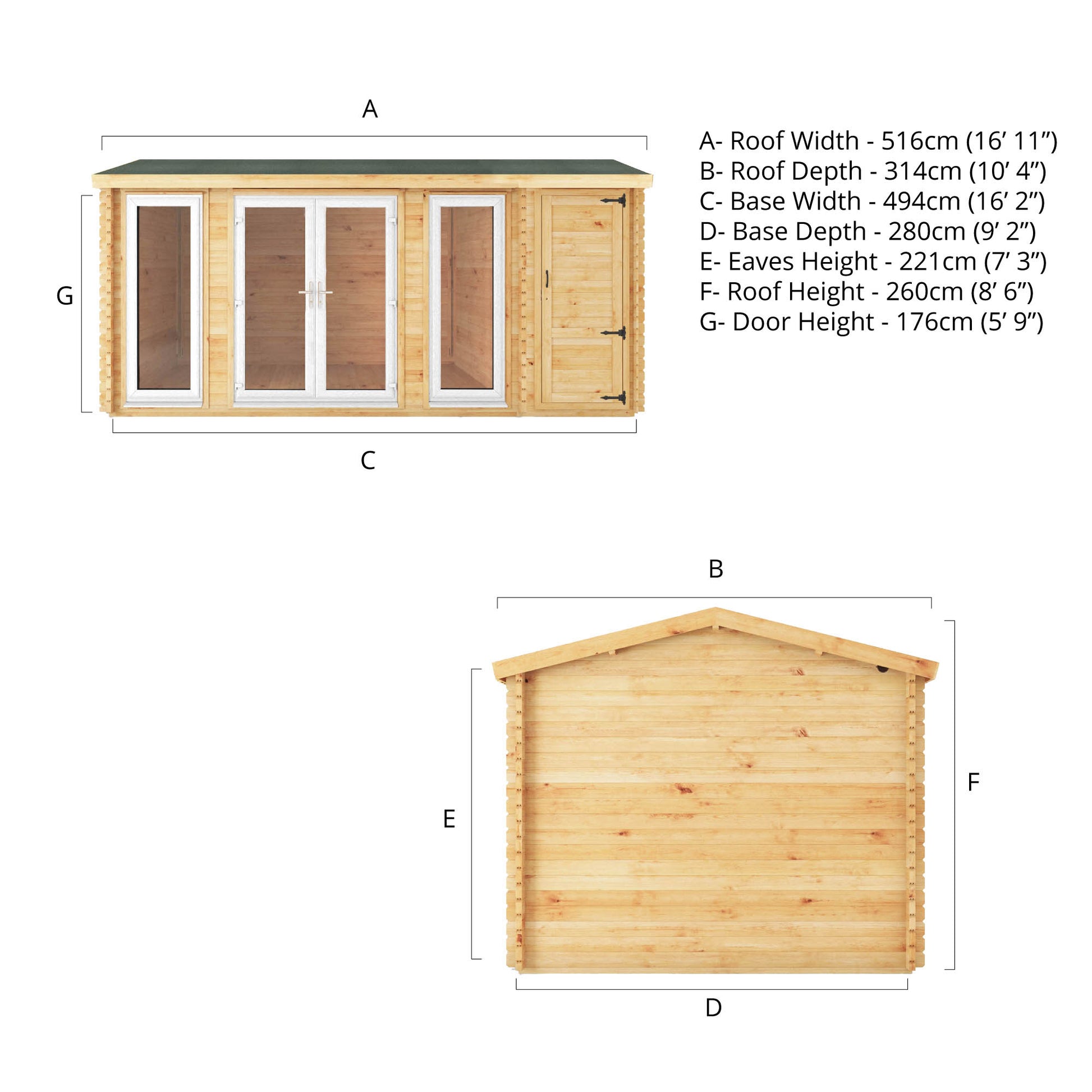 5.1M X 3M Home Office Studio With Side Shed - 44Mm (Upvc Windows & Door) - White