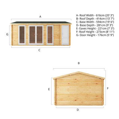 6.1M X 4M Home Office Studio With Side Shed - 44Mm (Upvc Windows & Door) - White