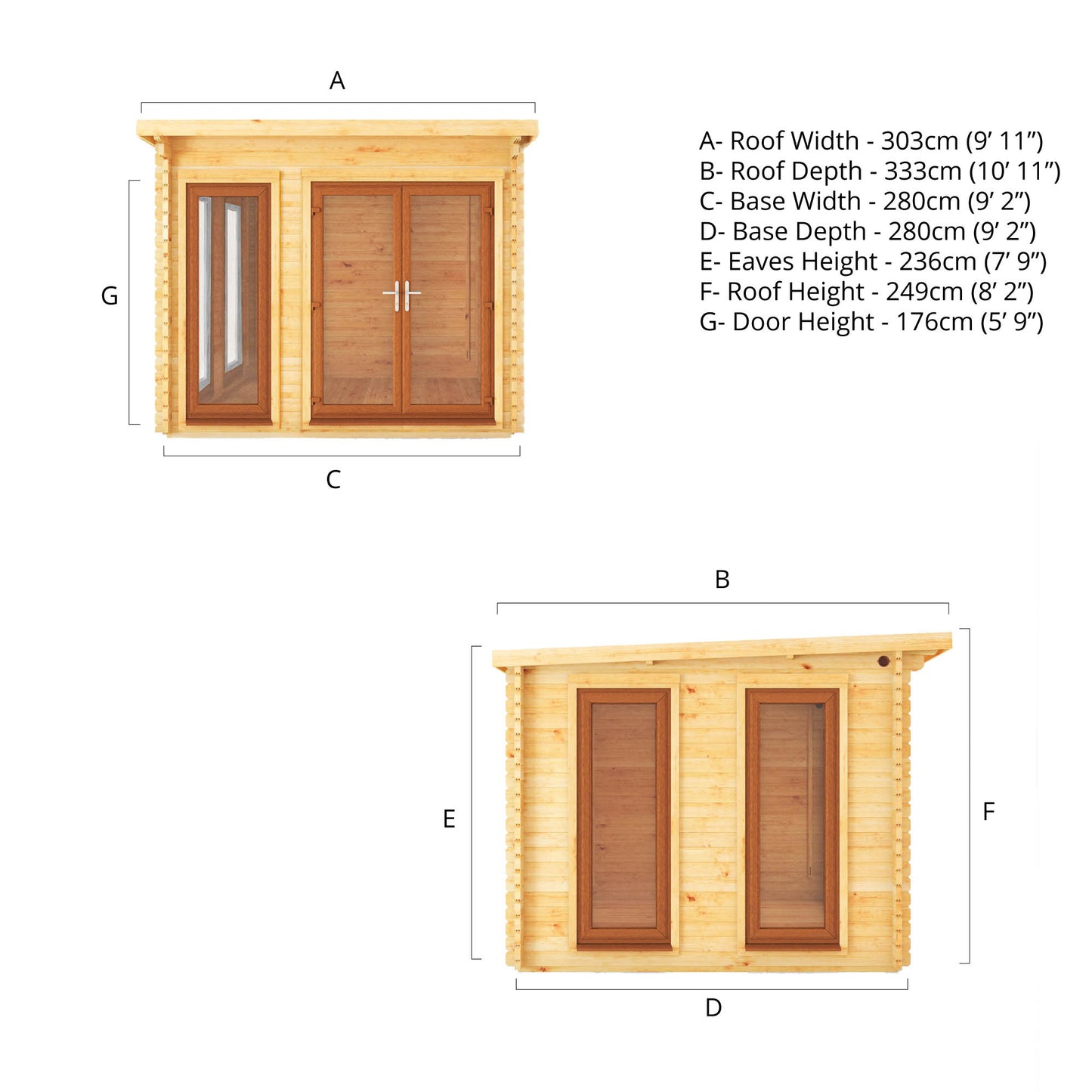 3M X 3M Studio Pent Log Cabin - 44Mm - (Upvc Windows & Doors) - Oak