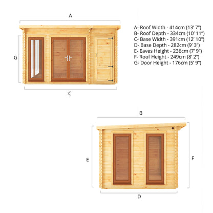 4.1M X 3M Studio Pent Log Cabin With Side Shed - 44Mm  (Upvc Windows & Door) - Oak