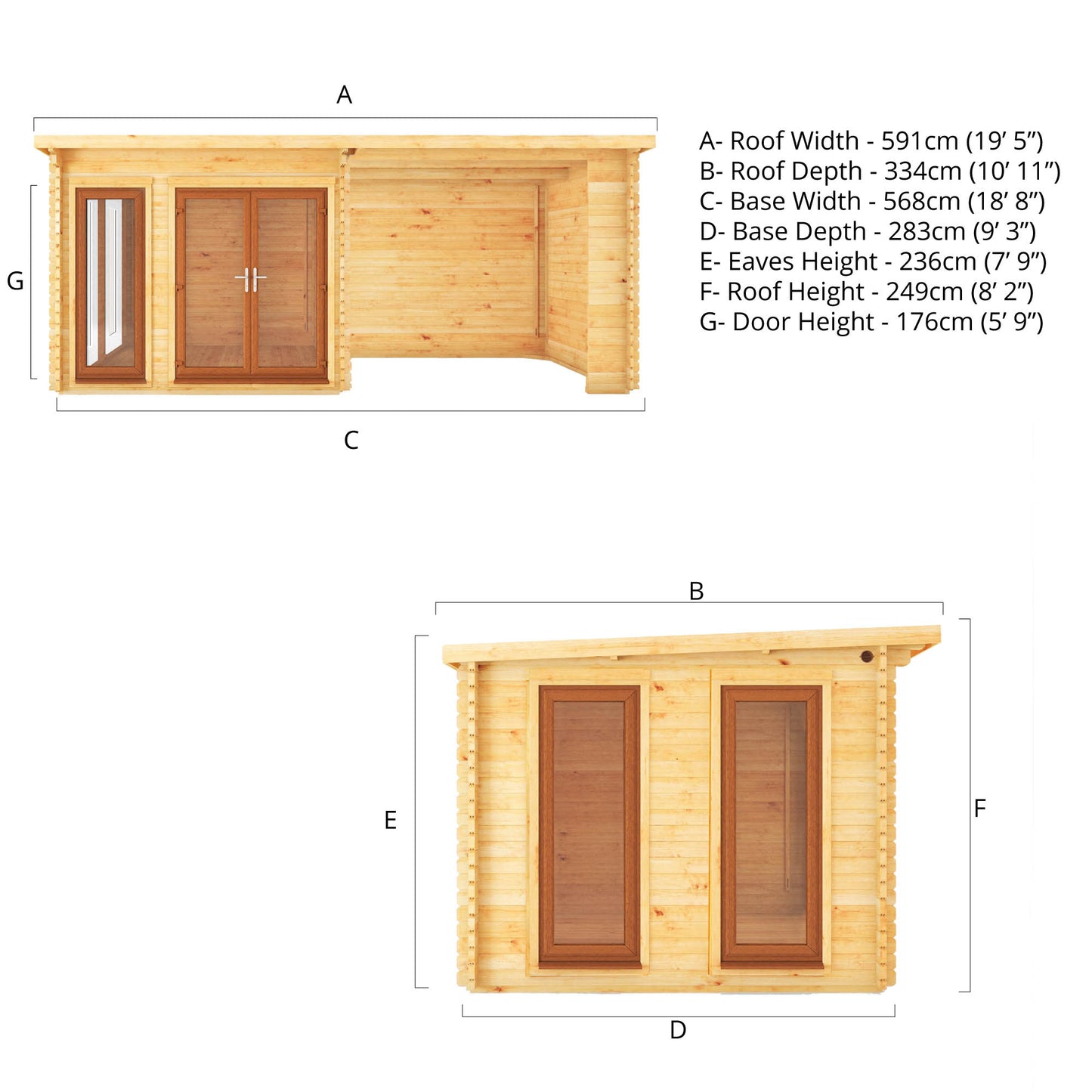 6M X 3M Studio Pent Log Cabin With Patio Area - 44Mm (Upvc Windows & Door) - Oak