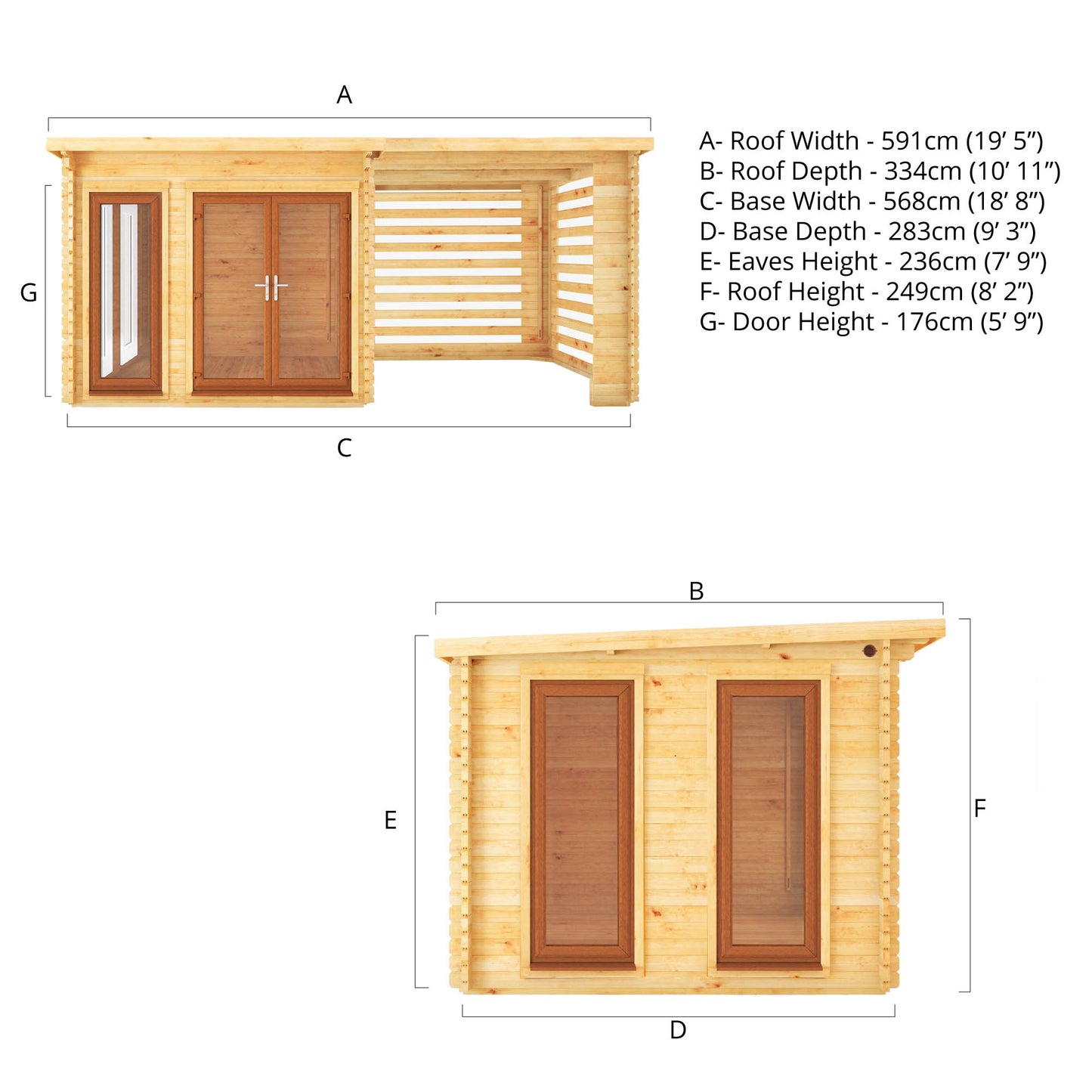 6M X 3M Studio Pent Log Cabin With Slatted Area - 44Mm (Upvc Windows & Door) - Oak