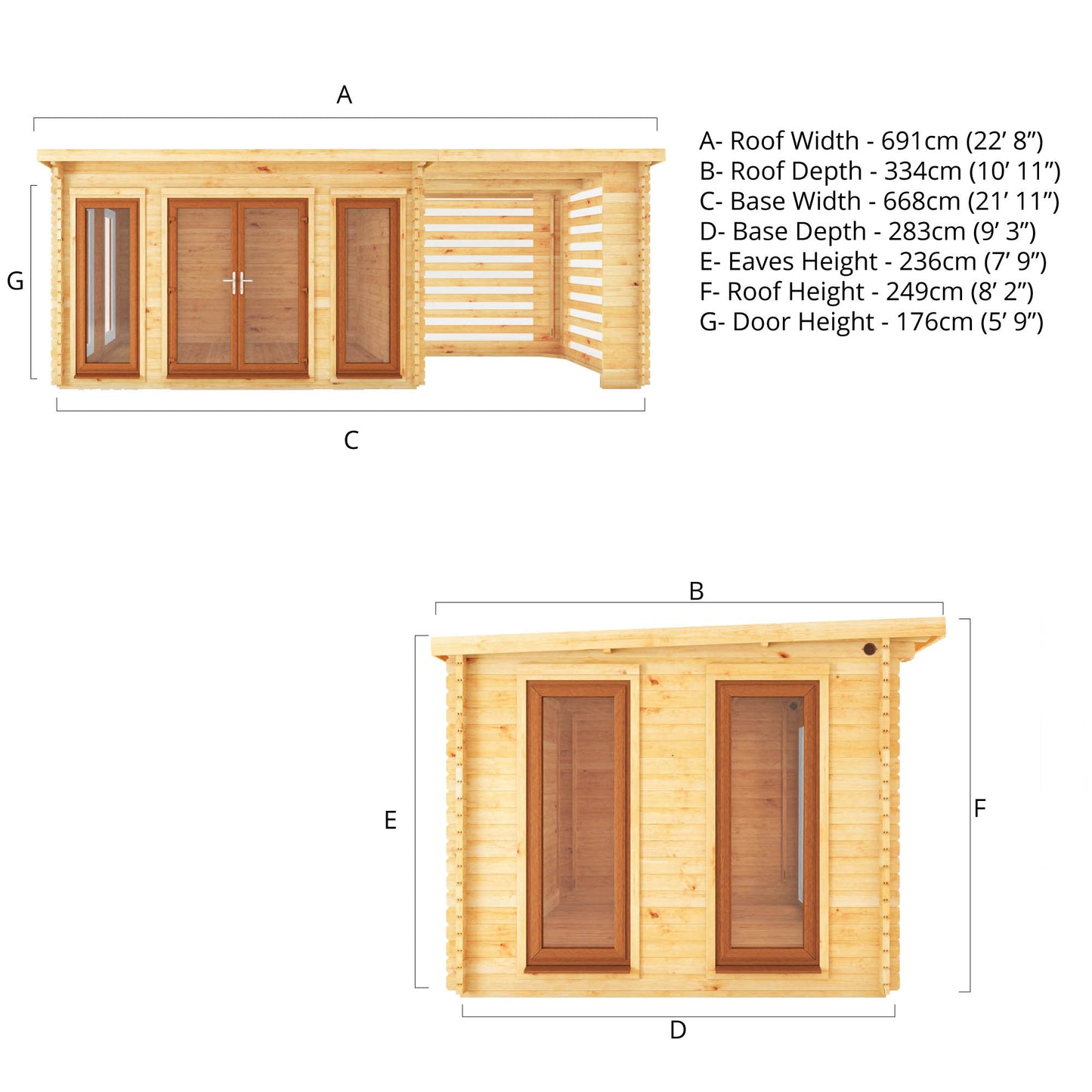 7M X 3M Studio Pent Log Cabin With Slatted Area - 44Mm (Upvc Windows & Door) - Oak