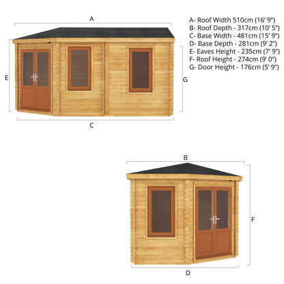 5M X 3M Corner Lodge Log Cabin - 44Mm (Upvc Windows & Door) - Oak