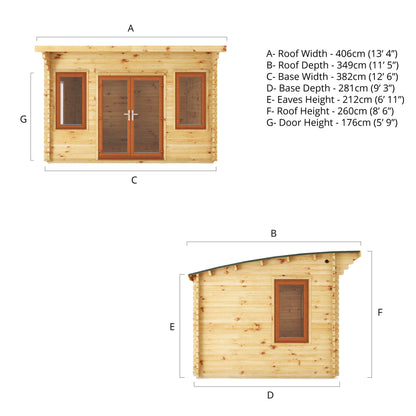 4M X 3M Curved Roof Log Cabin - 44Mm (Upvc Windows & Door) - Oak