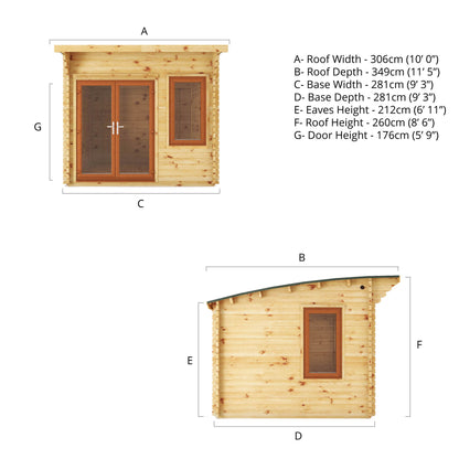 3M X 3M Curved Roof Log Cabin - 44Mm (Upvc Windows & Door) - Oak