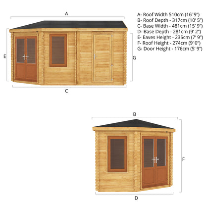 5M X 3M Corner Lodge Log Cabin With Side Shed - 44Mm (Upvc Windows & Door) - Oak