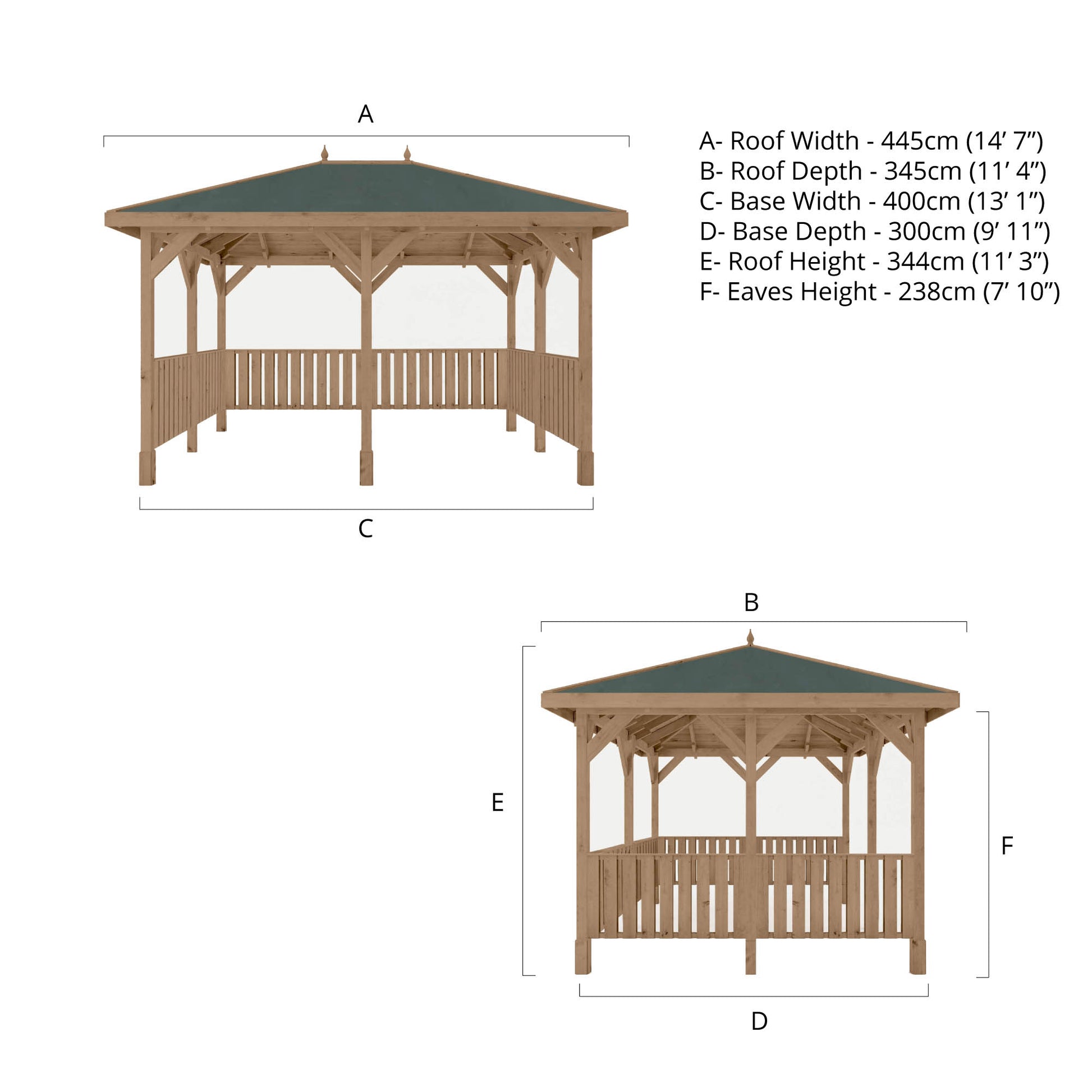 Pressure Treated Gazebo With Roof 3M X 4M With 6X Vertical Strip Rails