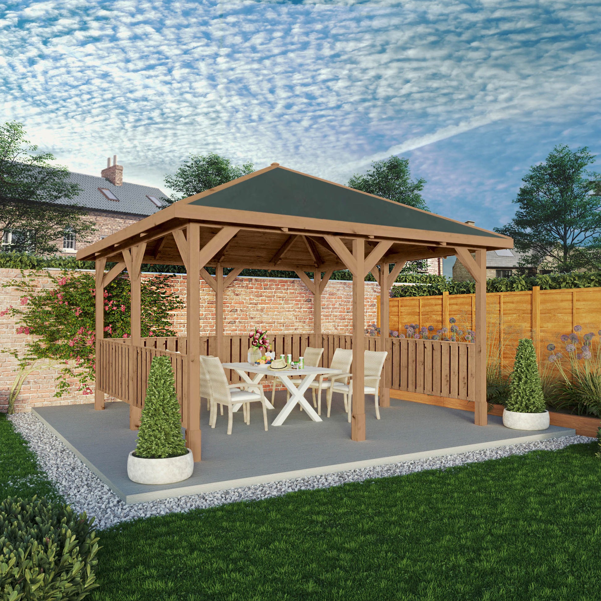 Pressure Treated Gazebo With Roof 4M X 4M With 6X Vertical Strip Rails