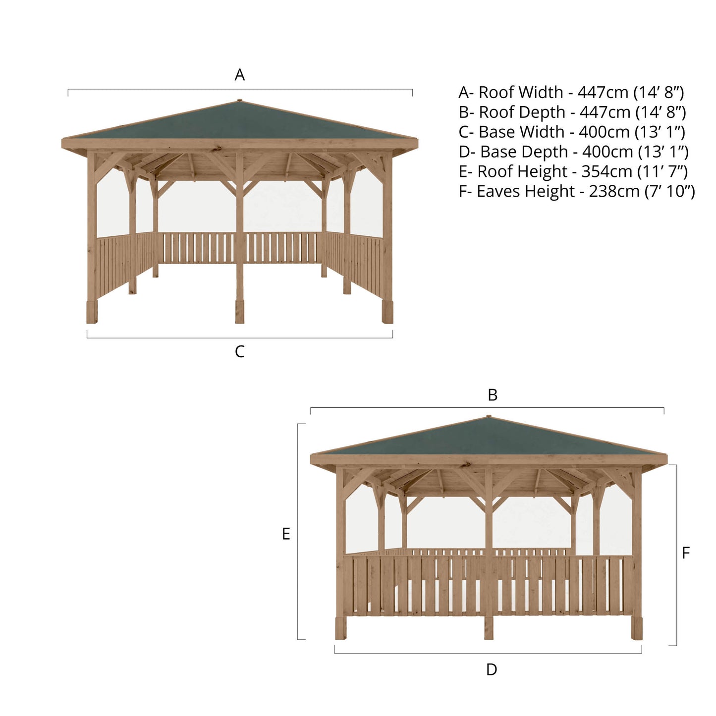 Pressure Treated Gazebo With Roof 4M X 4M With 6X Vertical Strip Rails