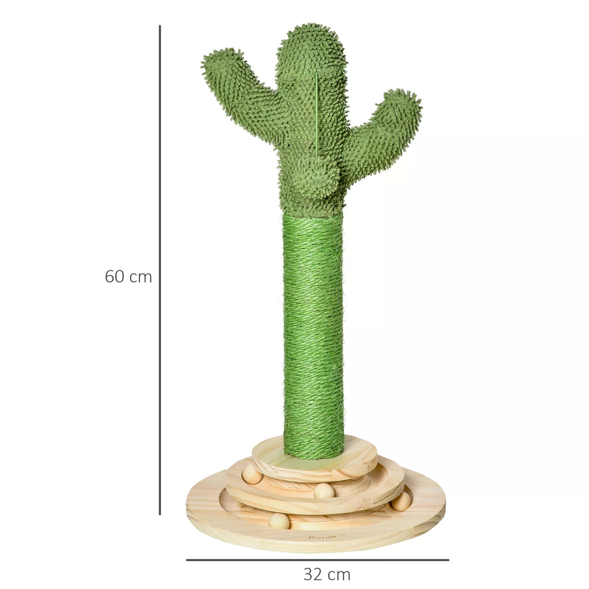 PawHut Cat Tree Cactus-shaped Tower Kitten Furniture with Sisal Scratching Post Hanging Ball Funny Cat Ball Platform 32 x 32 x 60cm Green