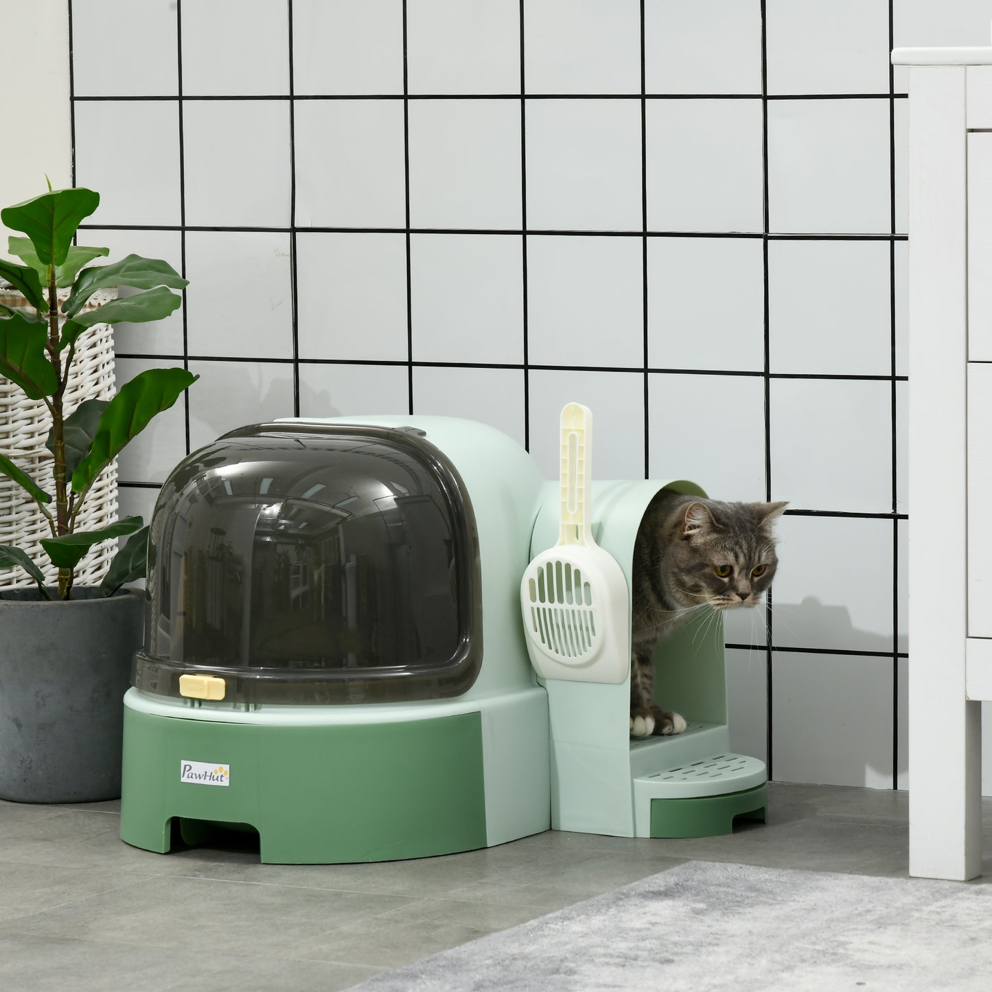 PawHut PP Cat Litter Box with Drawer Pans Scoop Openable Cover Green