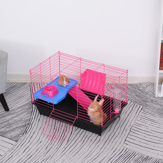 PawHut Dwarf Hamster Metal Cage Guinea Pigs Hutches w/ Tunnels Pink