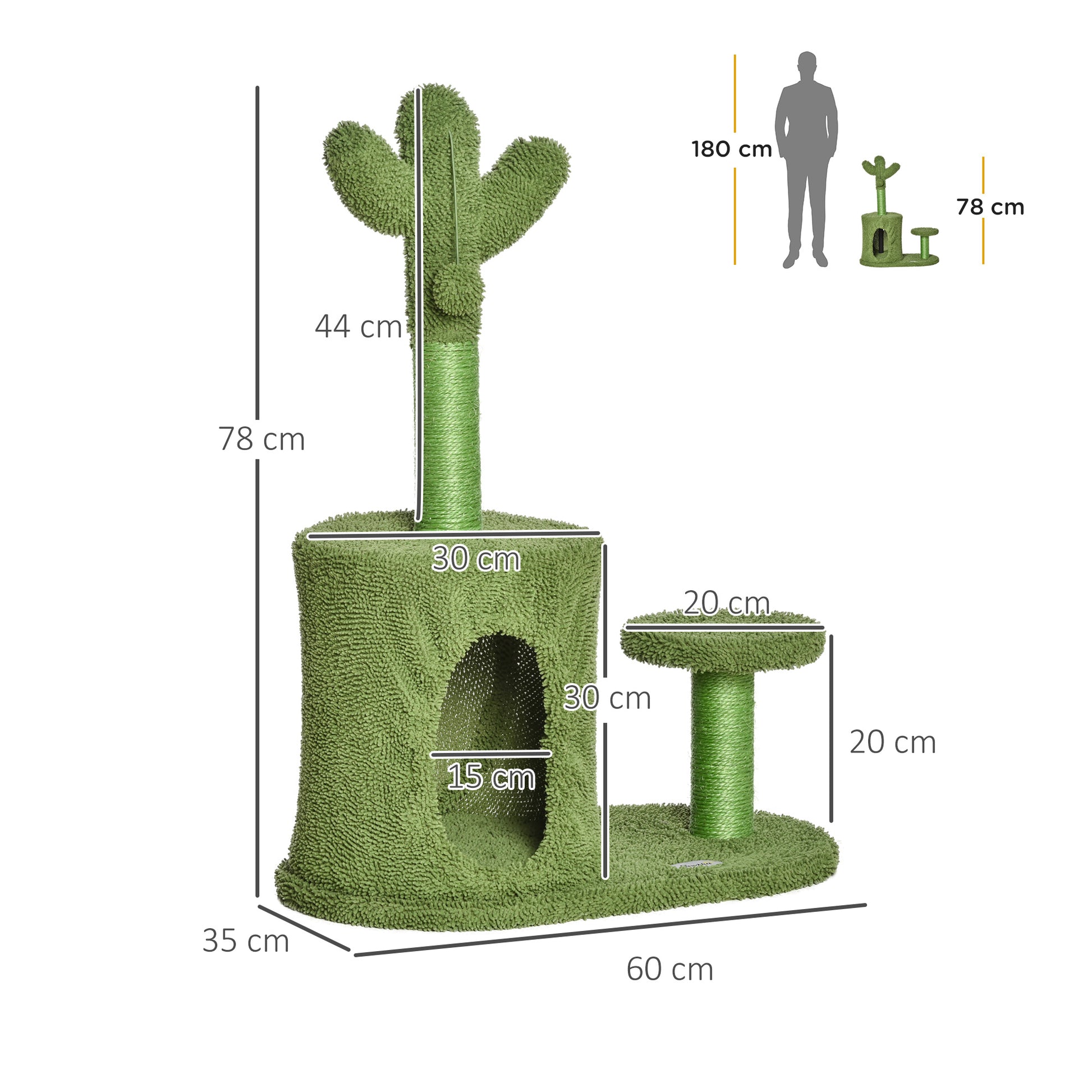 PawHut Cat Tree Tower Cactus Shape with Scratching Post Condo Perch Dangling Ball Kitten Toy Play House Activity Center