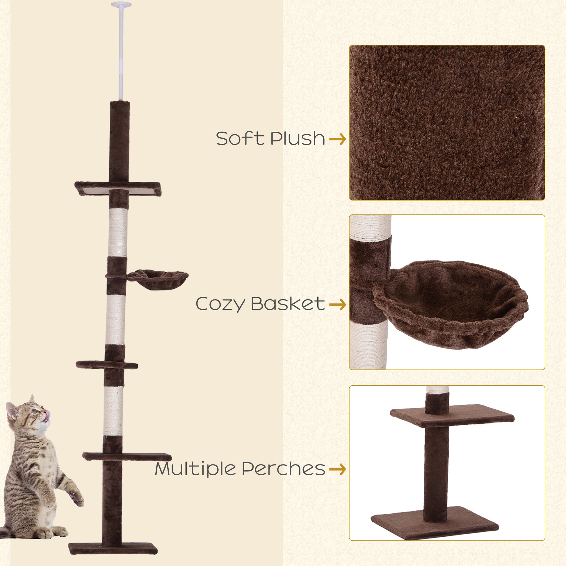 PawHut 5-Tier Floor to Ceiling Cat Tree, Tall Kitty Tower Climbing Activity Center Scratching Post Adjustable Height 230-260cm, Brown